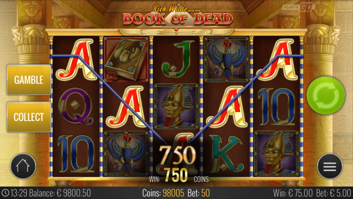 Book of Dead Spielautomat mit 750 Coins im Gewinnbild