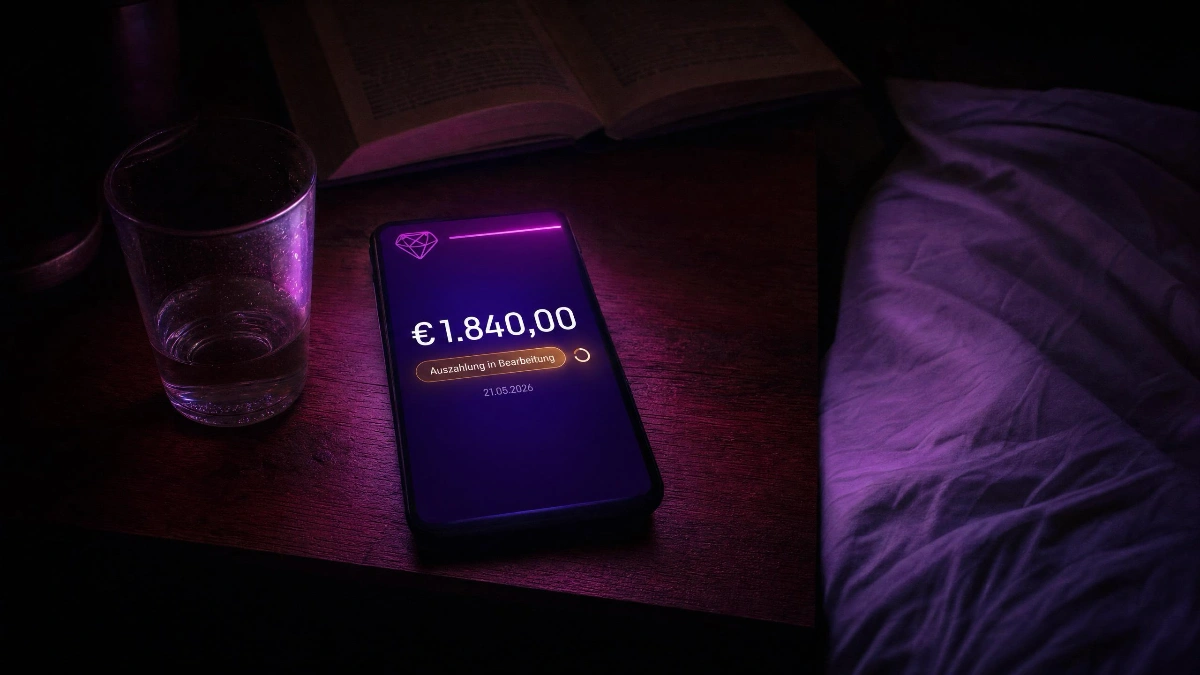 Smartphone zeigt Auszahlung von 1.840 € auf Nachttisch