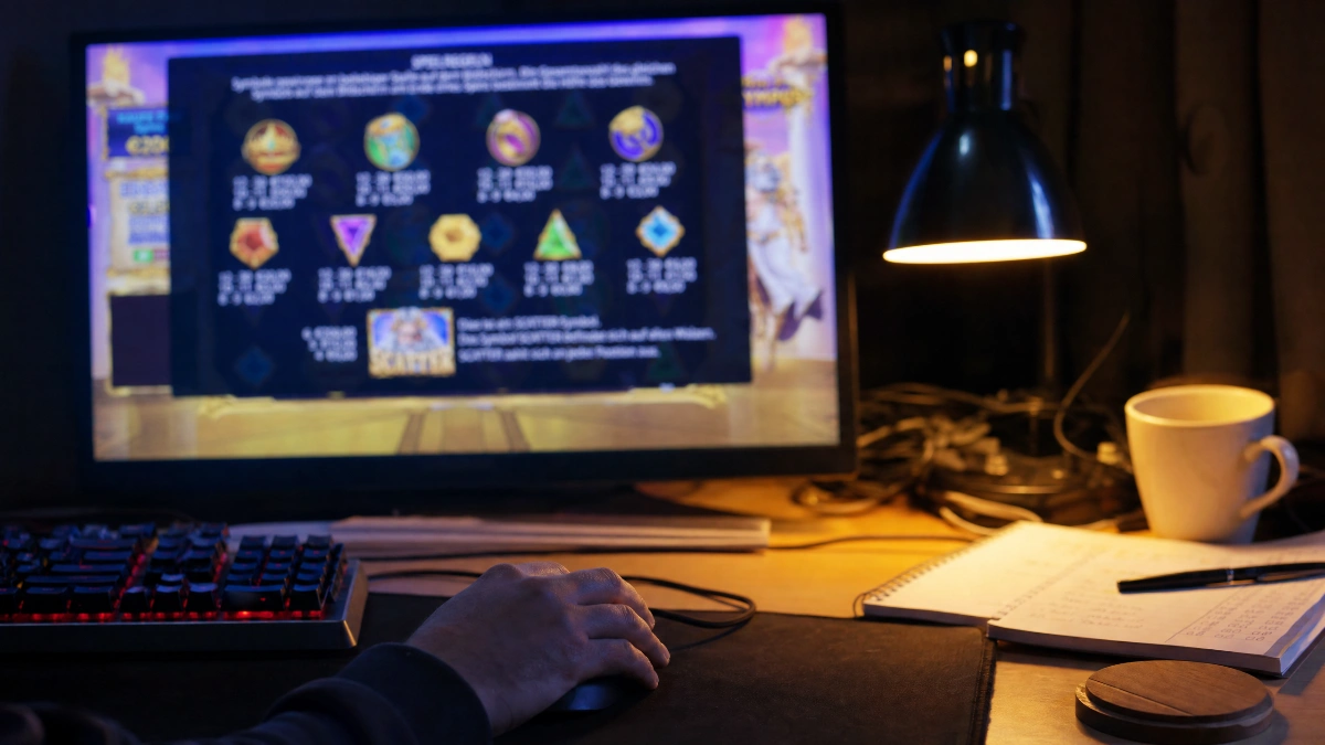 Anleitung vom Online-Slot Gates of Olympus am Computer bei Nacht